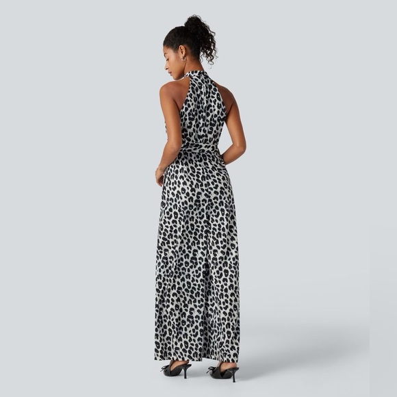 Halter Sleeveless Belted Leopard Party Jumpsuit with Pockets - Picture 2 of 7